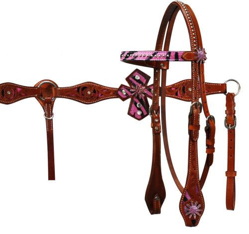 PFR12719 Headstall and Breast Collar Set with Hair on Cowhide Zebra Print with Leather Cross Accents