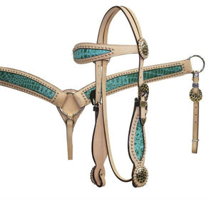 PFR12786 Double Stitched Leather Headstall and Breast Collar Set with Alligator Print