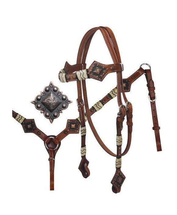 PFR12803 Showman ® Headstall and Breast Collar Set with Rawhide Braiding and Diamond Plate Conchos