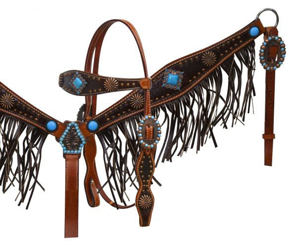 PFR12917 Showman ® Leather headstall & breast collar with leather fringe and antique conchos