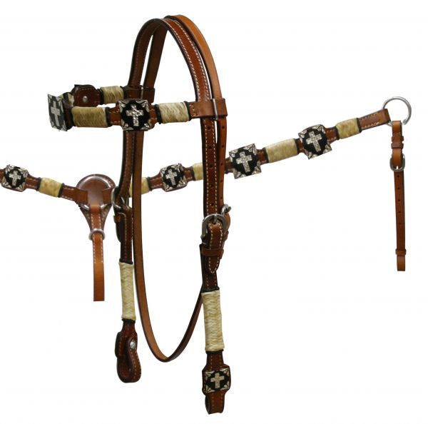 PFR546 Double stitched leather rawhide braided browband headstall and breast collar set