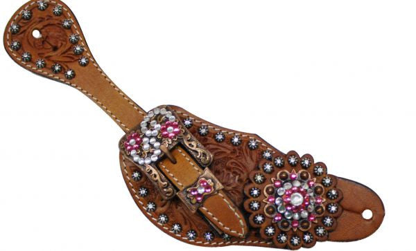PFR7136 Showman™ Ladies Tooled Spur Straps with Vintage Style Buckle and Crystal Rhinestone Conchos