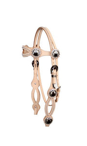 PFR87019 Showman 2X stitched leather silver beaded cutout brow band headstall
