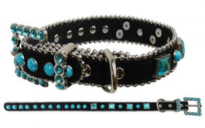 PFRD021 Showman Couture ™ Black leather dog collar with turquoise stones