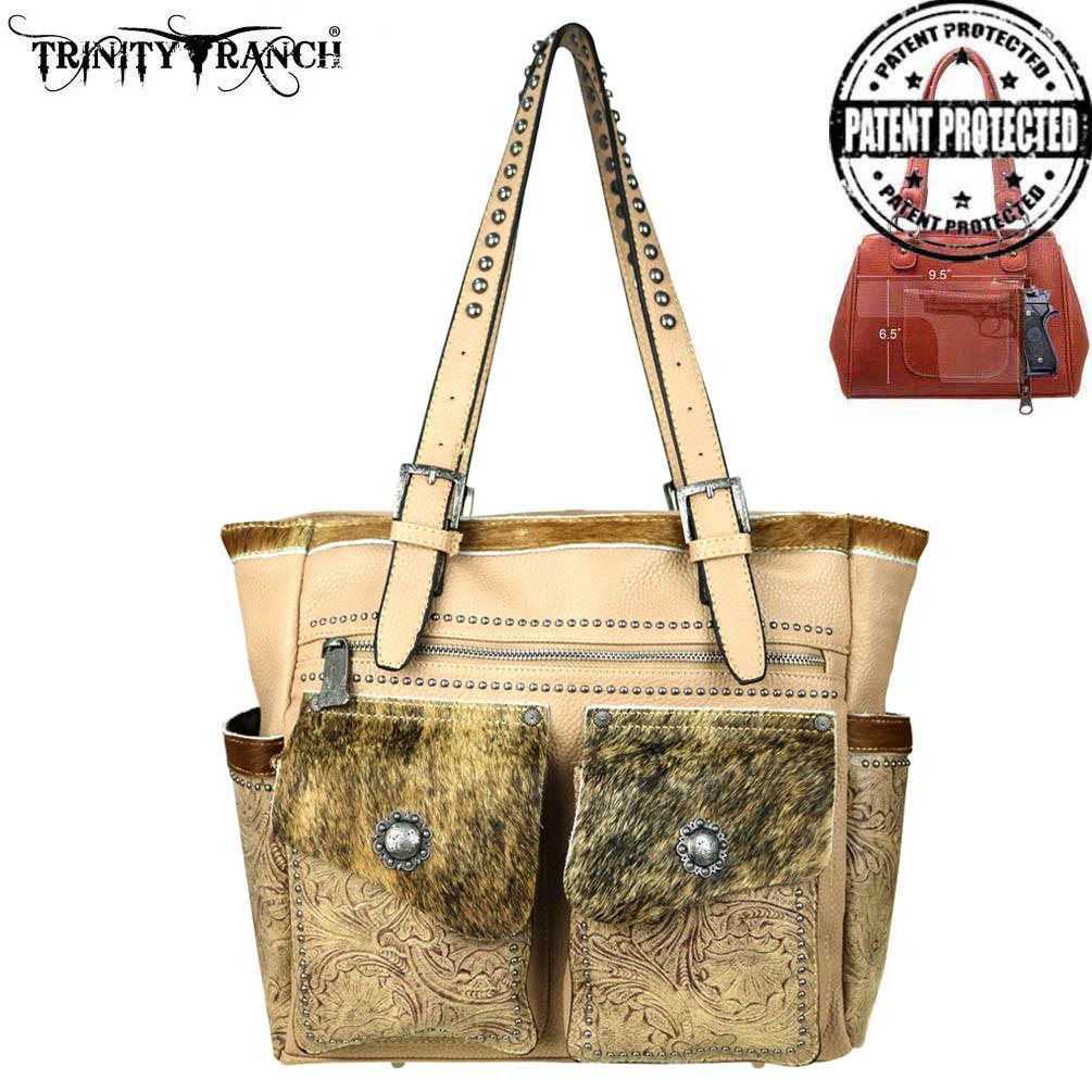 TR45G-8220 Trinity Ranch Tooled Hair-On Leather Collection Concealed Handgun Wide Tote